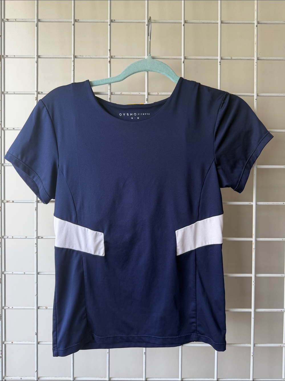Oysho Vintage Workout Top Navy Short Sleeve Active Top with Built in Sports Bra